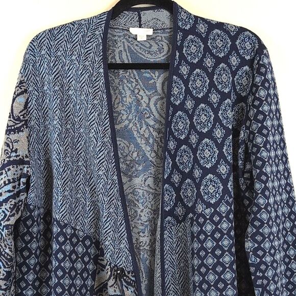 J. Jill Blue Mixed Print Knit Open Cardigan Size Medium Tall - Picture 6 of 12